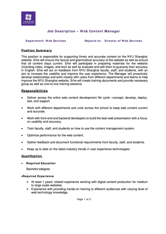 Job Description - Web Content Manager Printable pdf