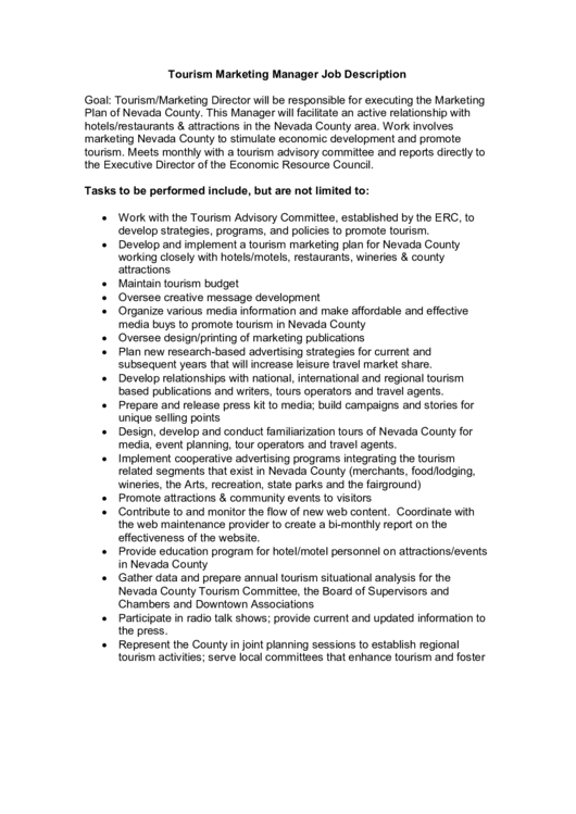 Tourism Marketing Manager Job Description Printable pdf