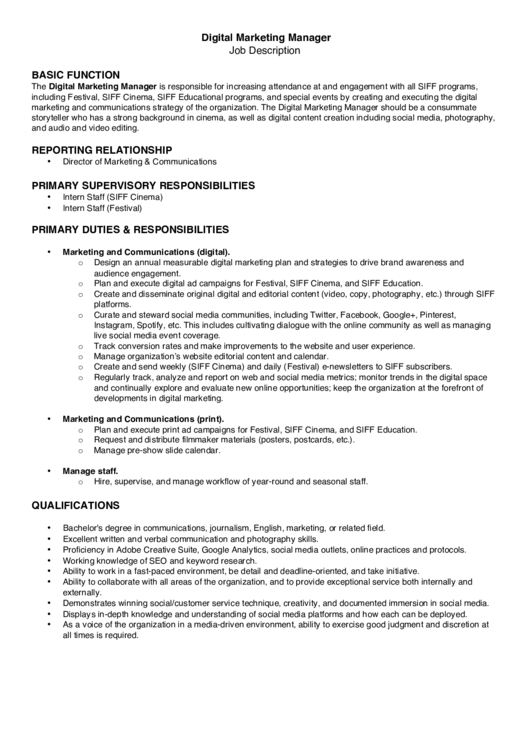 Digital Marketing Manager Job Description Printable pdf