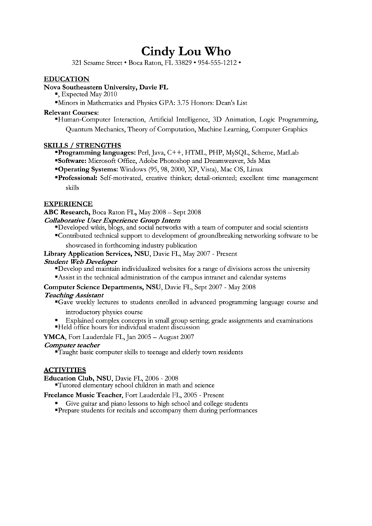 Computer Science Sample Resume Template Printable pdf