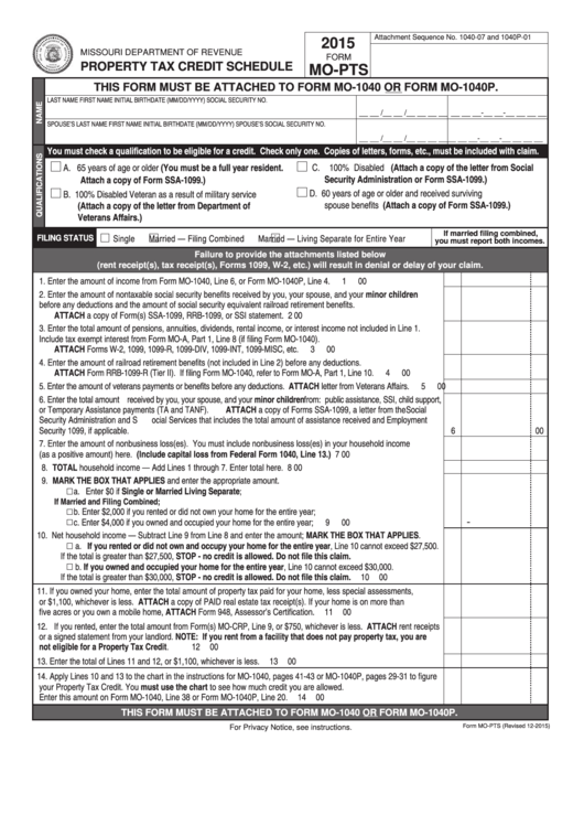 Fillable Form Mo-Pts - Property Tax Credit Schedule - 2015 Printable pdf