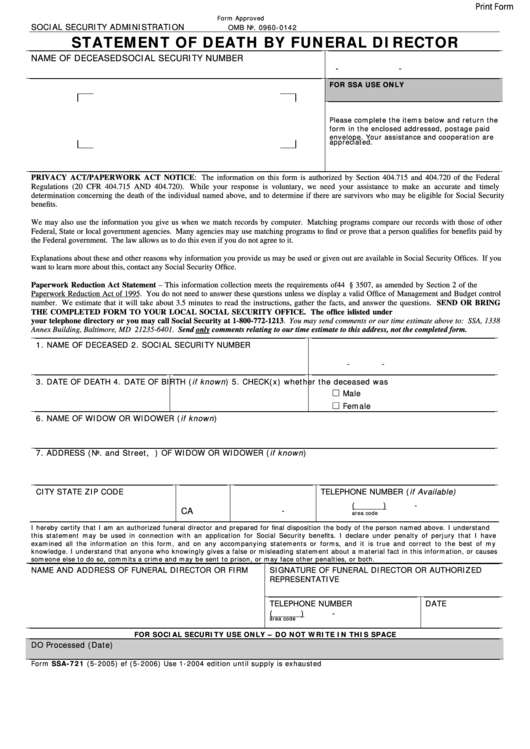 Fillable Form Ssa-721 - Statement Of Death By Funeral Director Template Printable pdf