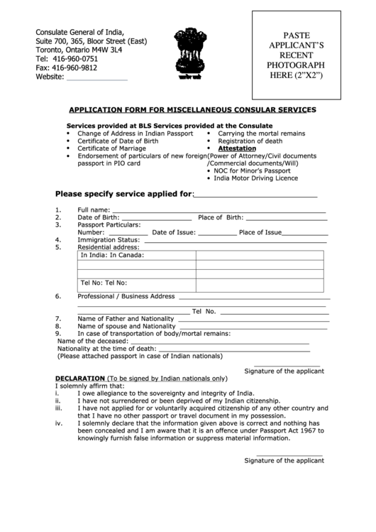 Application Form For Miscellaneous Consular Services Printable pdf