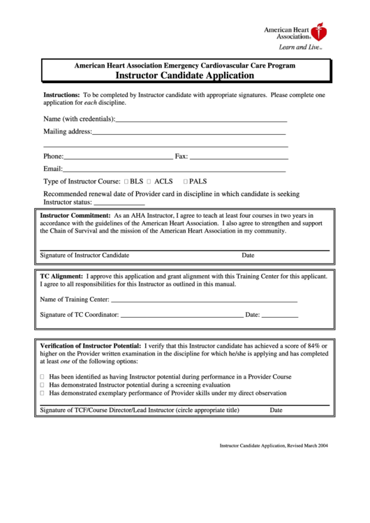 Instructor Candidate Application Form Printable pdf