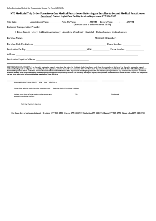 Nyc Medicaid Trip Order Form From One Medical Practitioner Referring An Enrollee To Second Medical Practitioner Printable pdf