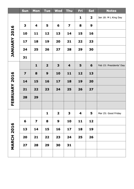 Monthly Calendar Template With Notes - 2016 Printable pdf