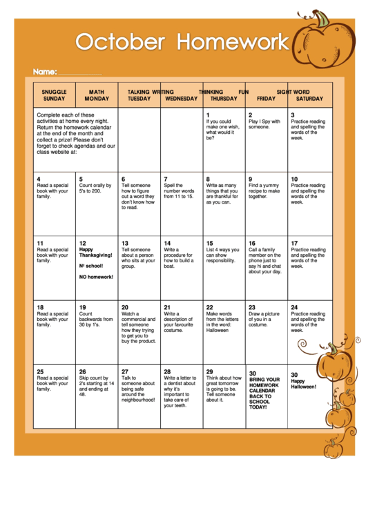October Homework Calendar Template Printable pdf