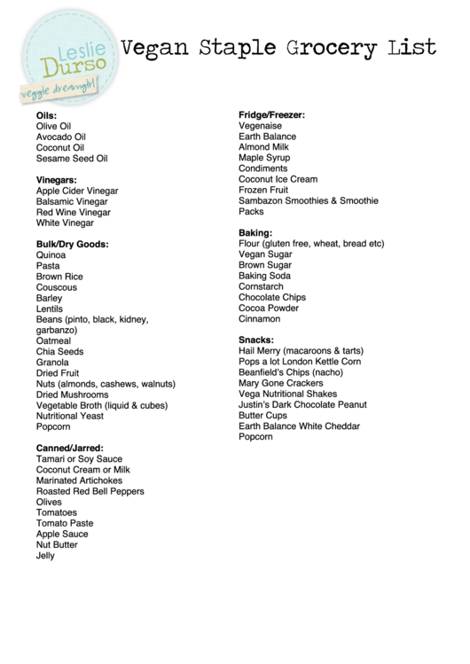 Vegan Staple Grocery List Printable pdf