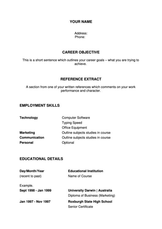 Resume Template Printable pdf
