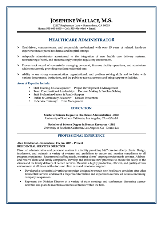 Healthcare Administrator Resume Template printable pdf download