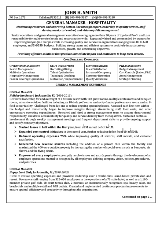 General Manager - Hospitality Resume Template Printable pdf