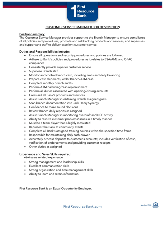 Customer Service Manager Job Description Printable pdf
