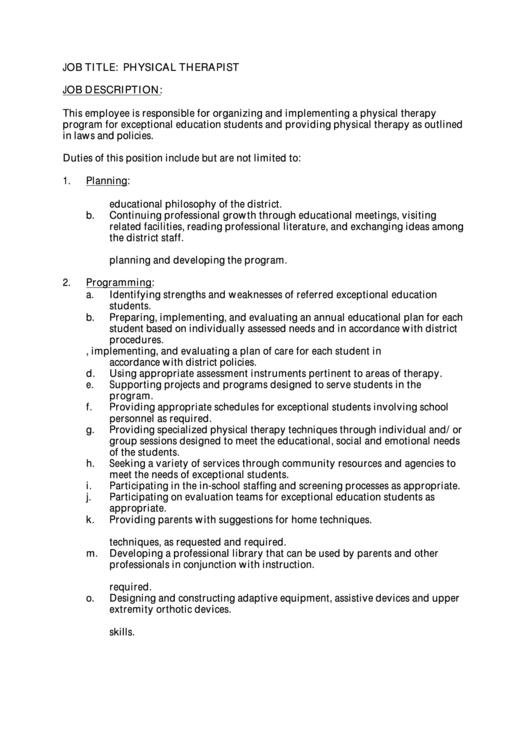 Physical Therapist Job Description Template Printable pdf
