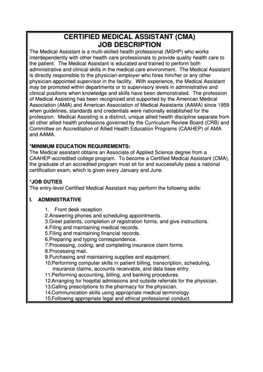 Certified Medical Assistant (Cma) Job Description Printable pdf