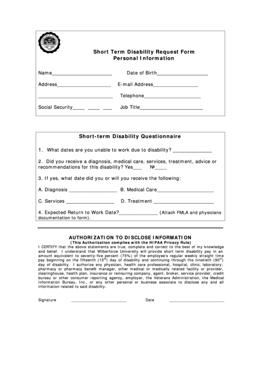 Short Term Disability Request Form Printable pdf