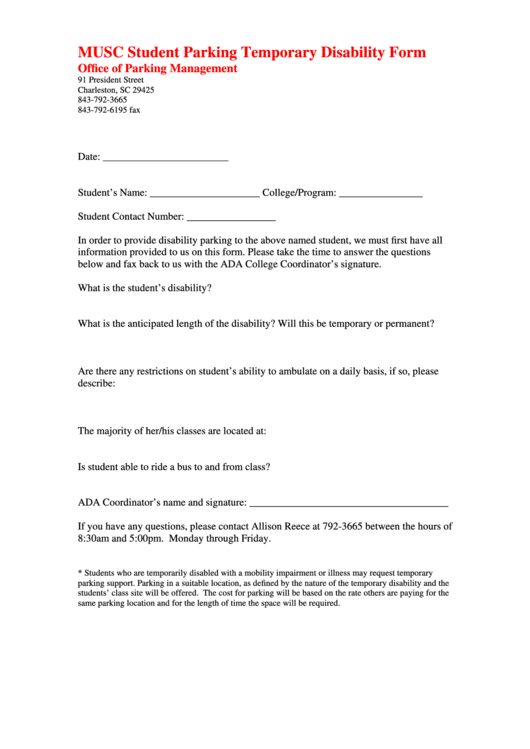Musc Student Parking Temporary Disability Form Printable pdf