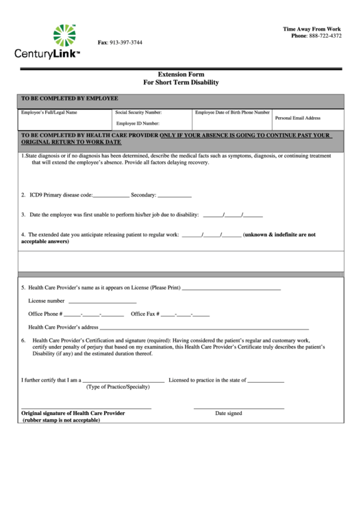 Extension Form For Short Term Disability Printable pdf