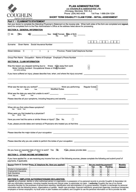 Short Term Disability Claim Form Initial Assessment Printable pdf
