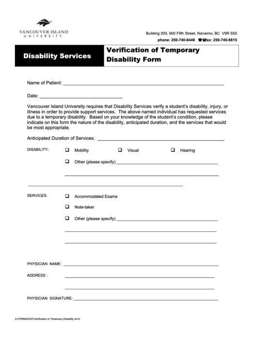 Verification Of Temporary Disability Form Printable pdf