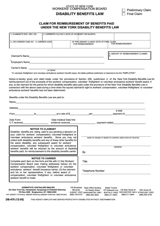 Fillable Db-470 - Claim For Reimbursement Of Benefits Paid Under The New York Disability Benefits Law Printable pdf