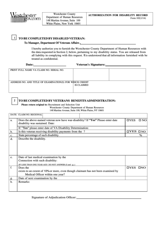 Form 102 - Authorization For Disability Record (Disabled Veteran) - Westchester County Department Of Human Resource Printable pdf