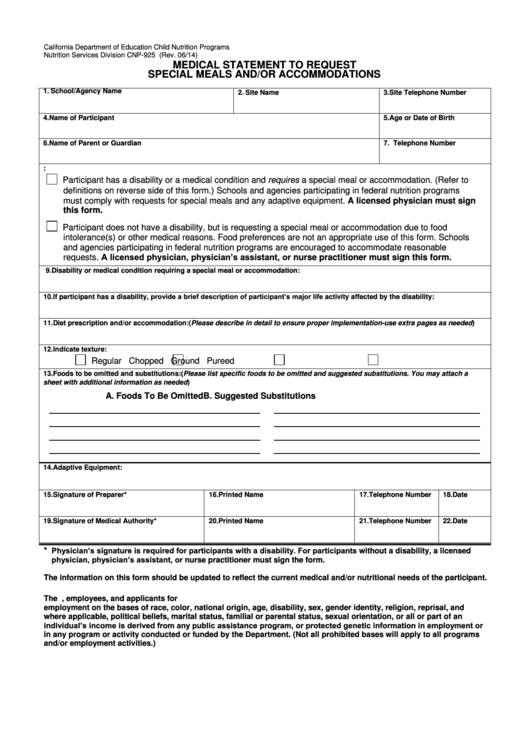 Form Cnp-925 - Medical Statement To Request Special Meals And Or Accommodations Printable pdf