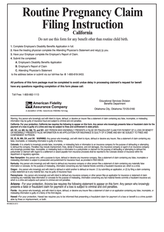 Fillable Form Bn-688(Ca)-0212 - Routine Pregnancy Claim - 2012 Printable pdf