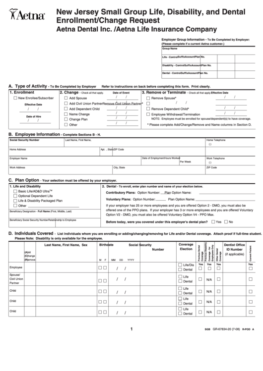 Fillable Form Gr-67834-20 - Aetna Enrollment Change Request Form Printable pdf