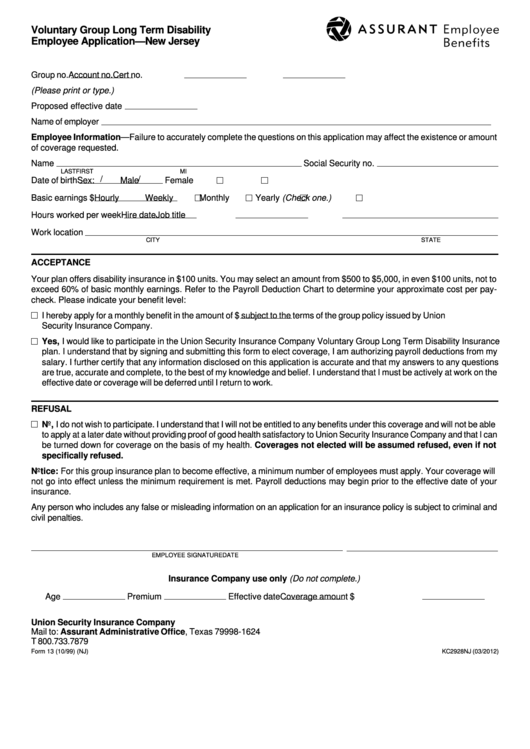 Voluntary Group Long Term Disability Employee Application Nj Printable Pdf Download