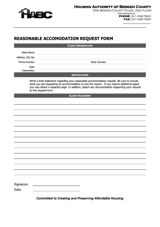 Reasonable Accommodation Request Form Printable pdf