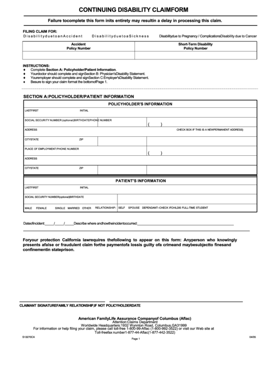 Continuing Disability Claim Form Printable pdf
