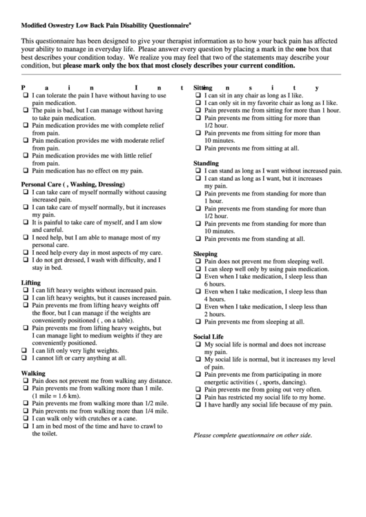 Modified Oswestry Low Back Pain Disability Questionnaire Template Printable pdf
