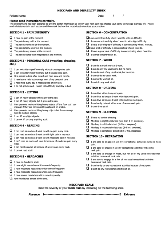 Neck Pain And Disability Index Questionnaire Template Printable Pdf 