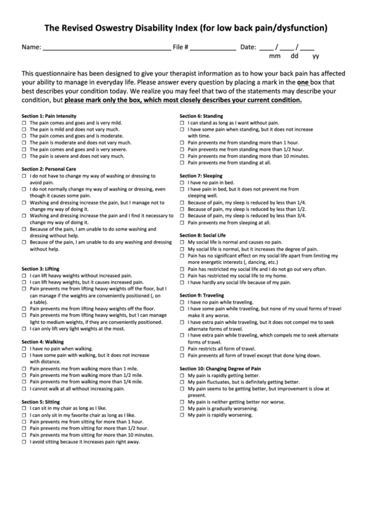 The Revised Oswestry Disability Index Form (For Low Back Pain Dysfunction) Printable pdf
