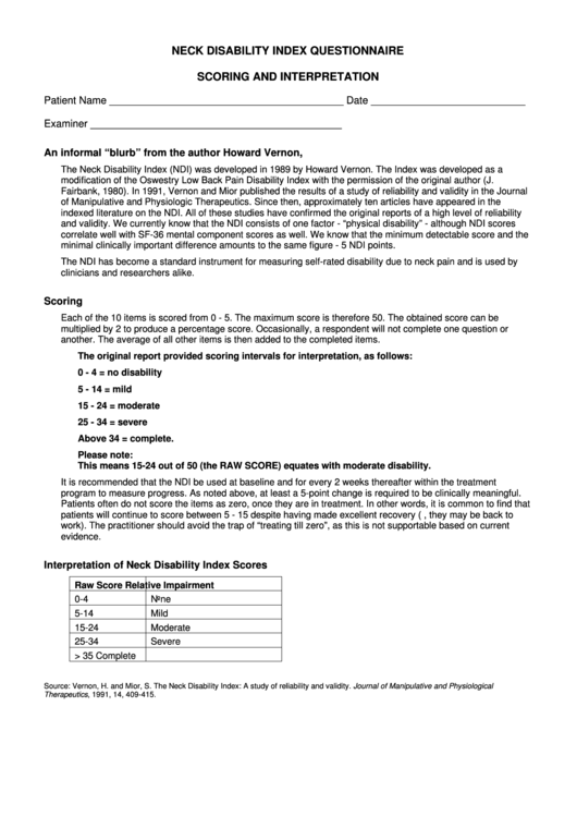 Neck Disability Index Questionnaire Printable pdf