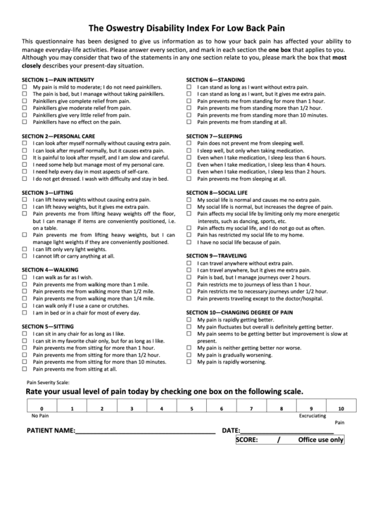 Questionnaire Template - The Oswestry Disability Index For Low Back Pain Printable pdf