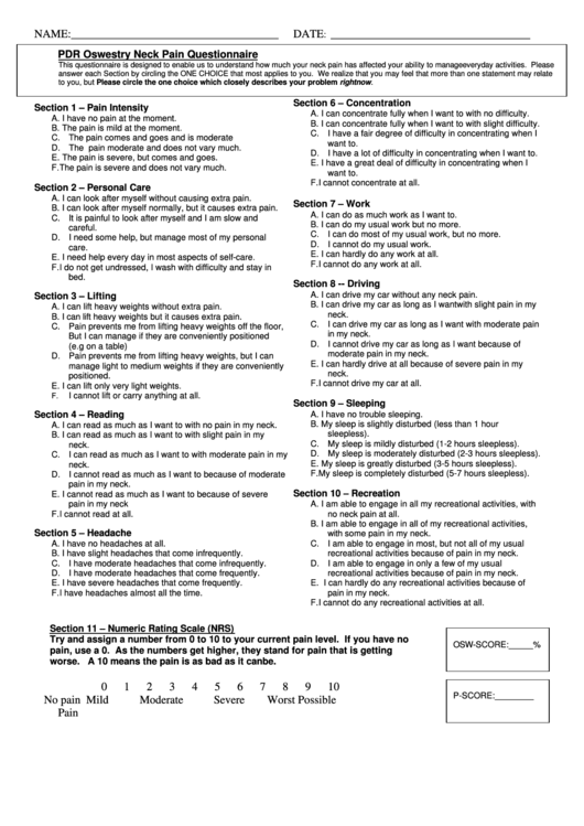 Pdr Oswestry Neck Pain Questionnaire Template printable pdf download