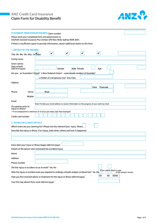 Fillable Anz Claim Form For Disability Benefit Printable pdf