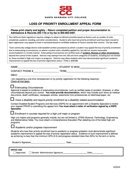 Loss Of Priority Enrollment Appeal Form Printable pdf