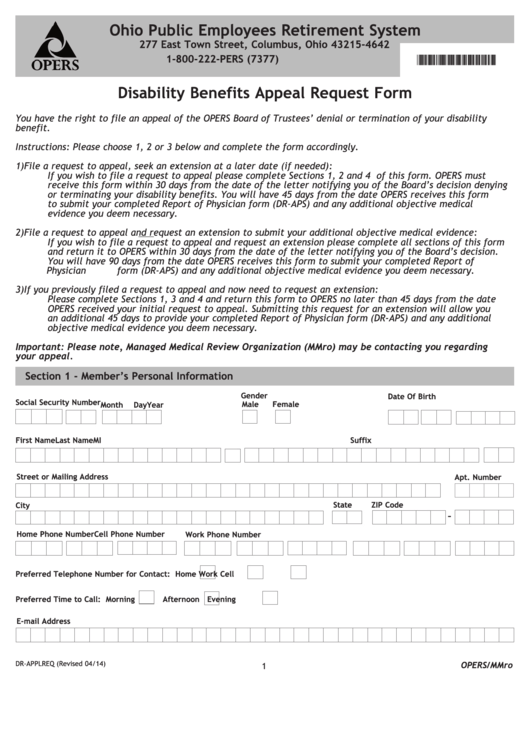Fillable Dr-Applreq Form - Disability Benefits Appeal Request Form - Ohio Public Employees Retirement System Printable pdf
