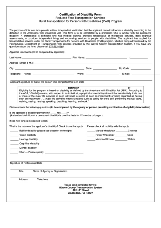Certification Of Disability Form - Wayne County Transportation System Printable pdf