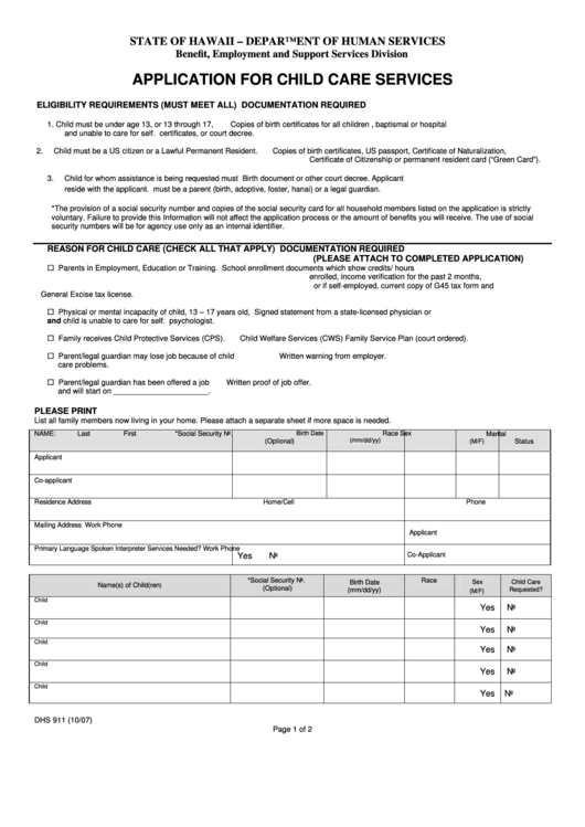 Application Form For Child Care Services Printable pdf