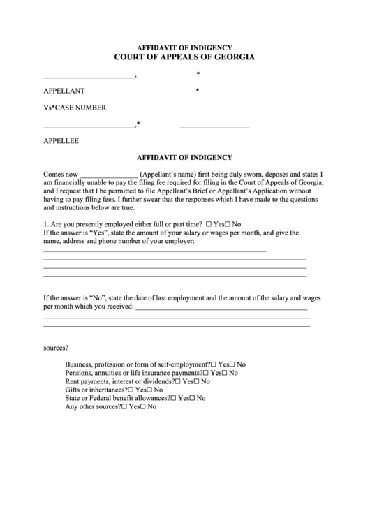 Fillable Affidavit Of Indigency Printable pdf