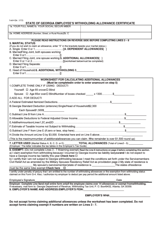 G 4 State Of Georgia Employee's Withholding Allowance Certificate