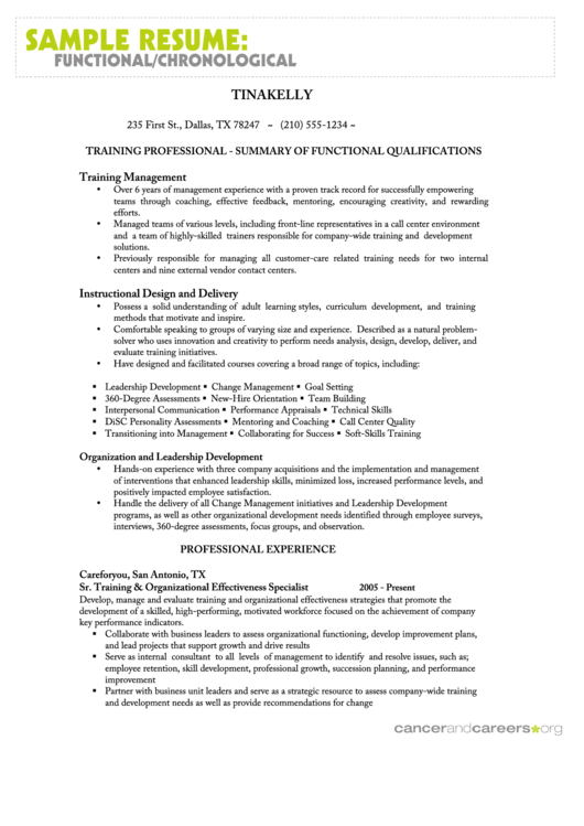 Sample Resume: Functional/chronological Printable pdf