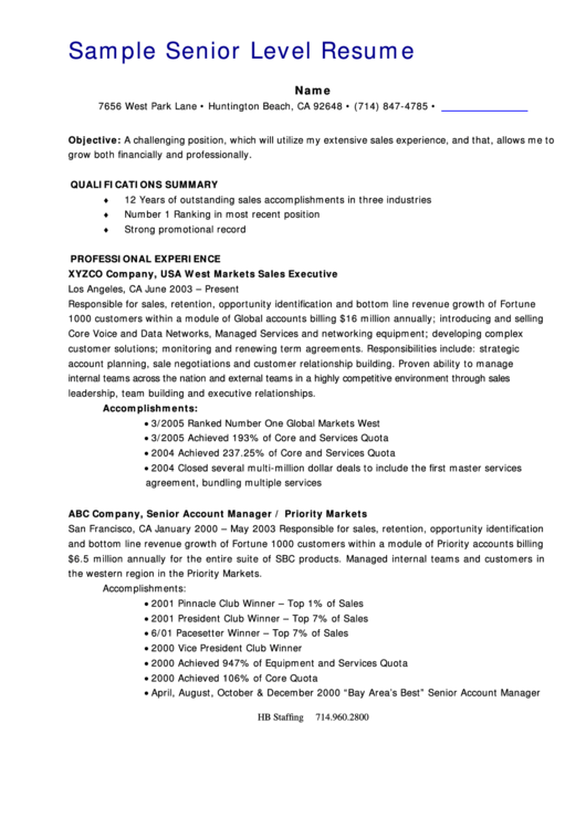 Sample Senior Level Resume Printable Pdf Download