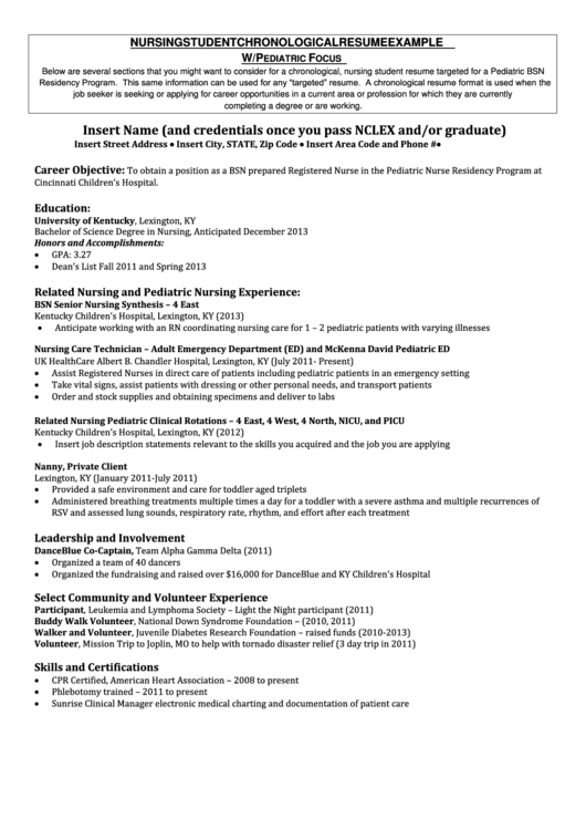 Nursing Student Chronological Resume Example Printable pdf