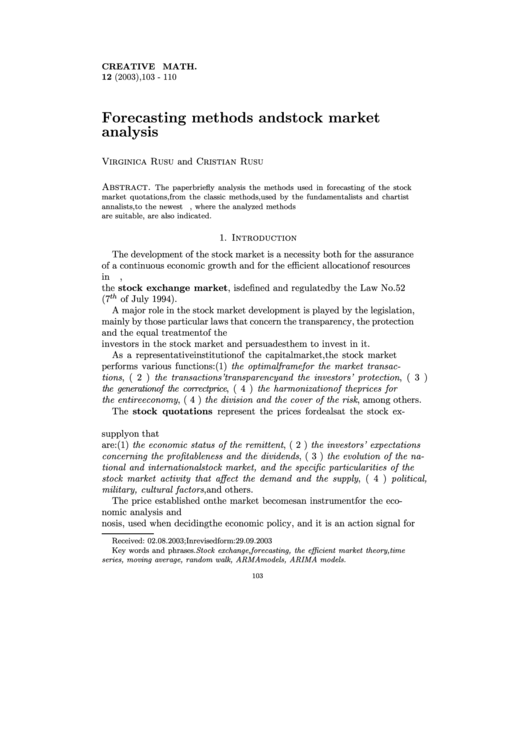 Forecasting Methods And Stock Market Analysis Printable pdf