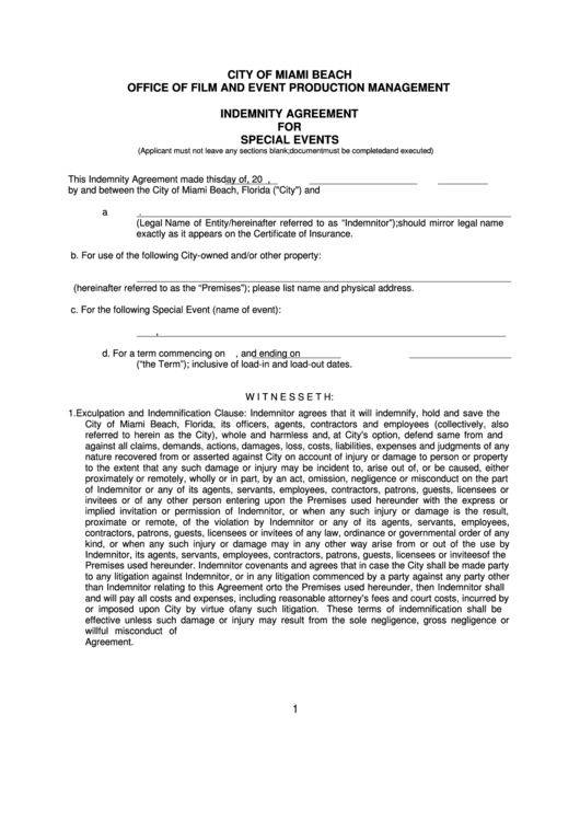 Indemnity Agreement For Special Events Printable pdf