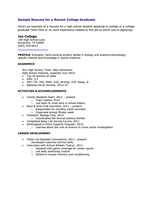 Sample Resume For A Recent College Graduate Printable pdf